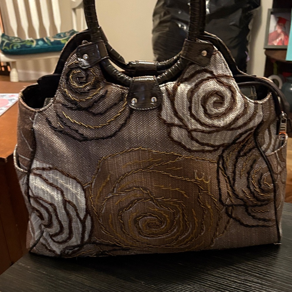 Brown large beaded Floral Women's Bag